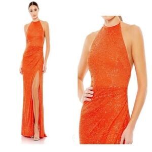 Mac Duggal Orange Sequin Formal Cocktail Halter Gown| Size 12